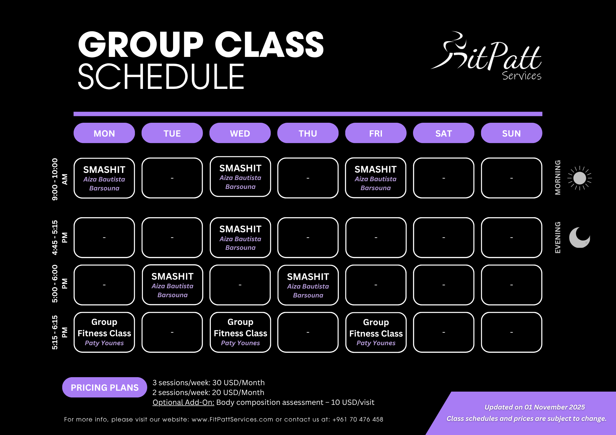 FitPatt Services — Group Classes Schedule